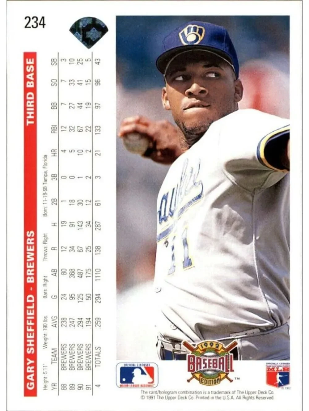 Gary Sheffield 1992 Upper Deck MLB #234 Baseball Card Milwaukee Brewers